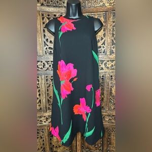 Lauren Ralph Lauren Black Pink Floral Sleeveless Shift Dress Pleated Back Size 8